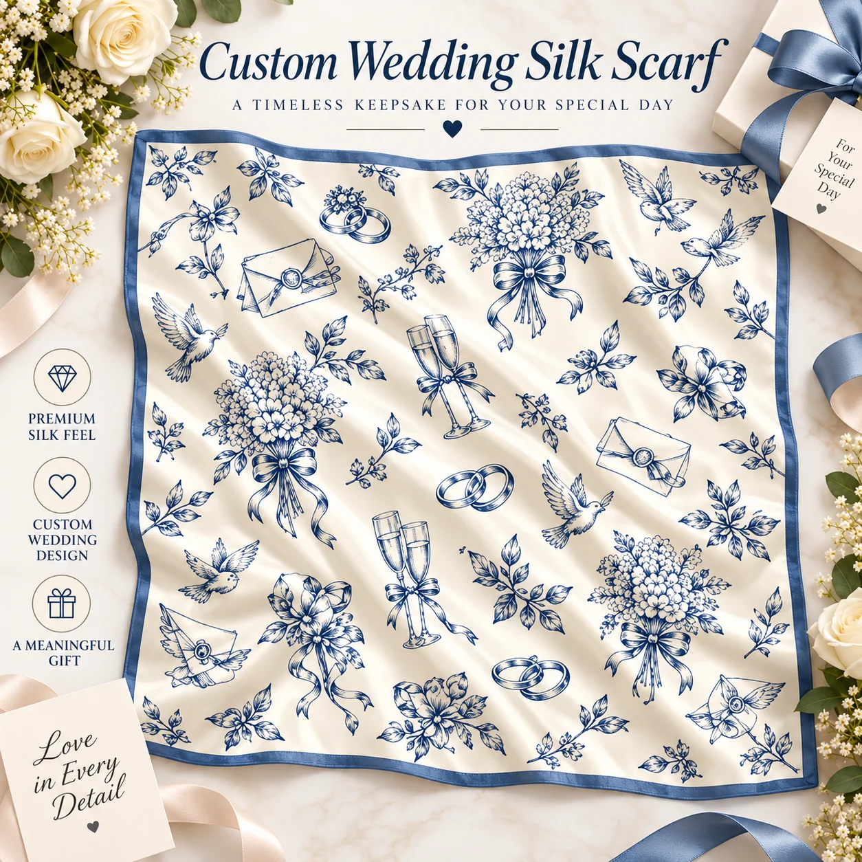Custom Wedding Silk Scarf Personalized Bridal Floral Print Ring Champagne Dove Design Neck Hair Scarf Gift for Bride Bridesmaids