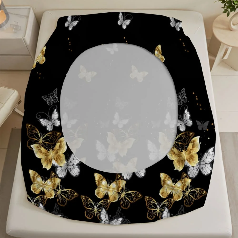 1pc Luxury Gold & White Butterfly Print Fitted Sheet Deep Pocket Elastic Mattress Cover Single Double Queen King Bedroom Decor