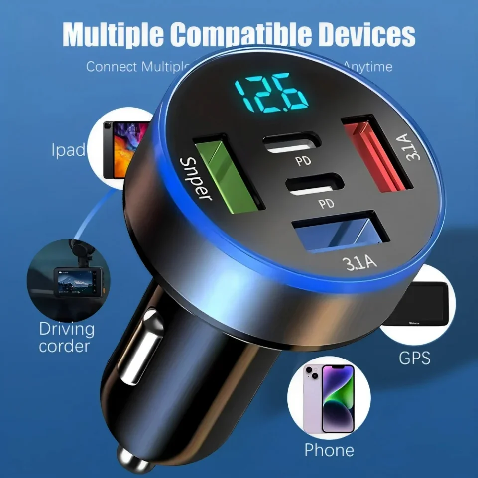 Car Charger DC12-24V Auto Cigarette Lighter 5-Port Digital Display Charger 3USB+2PD 3.1A Fast Charging for IPhone Samsung Galaxy