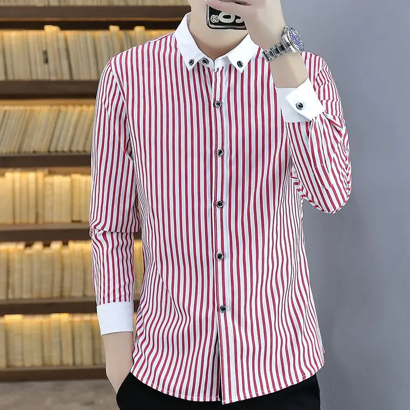 Men's Shirt Spring and Autumn Long-sleeved Base Trendy Youth Inch with Striped Casual Ironing Shirt JJ173