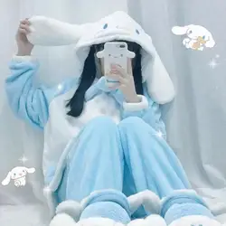 Kawaii Sanrioed Cartoon Cinnamoroll Plush Pajama Suit Anime Homewear Suit Cute Hooded Nightwear Autumn Winter Sweet Girl Student