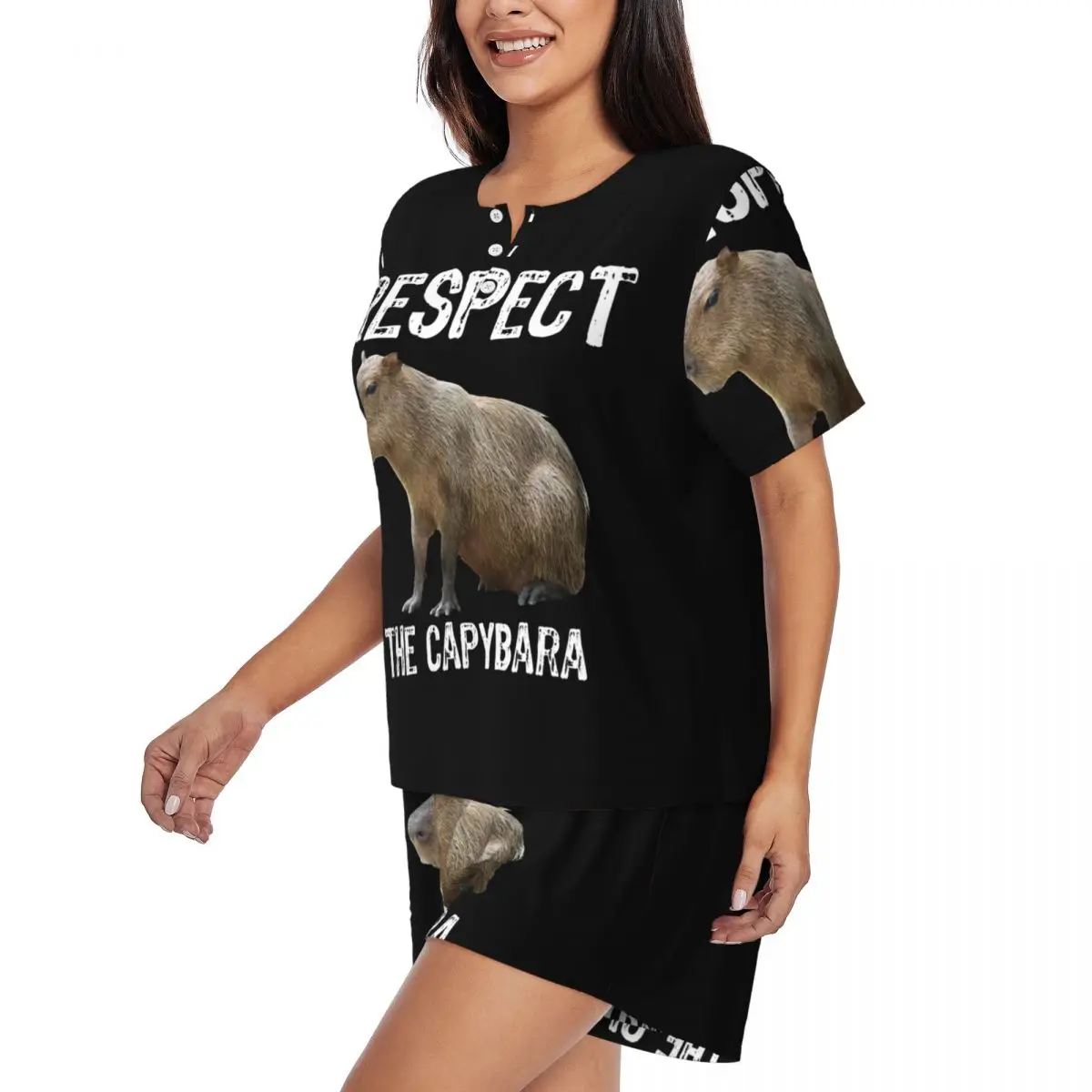 Women Respect The Capybara Funny Rodent Capibara Pajamas Set Custom Printed Two-piece Pj Sets Short Sleeve Sleepwear Loungewear