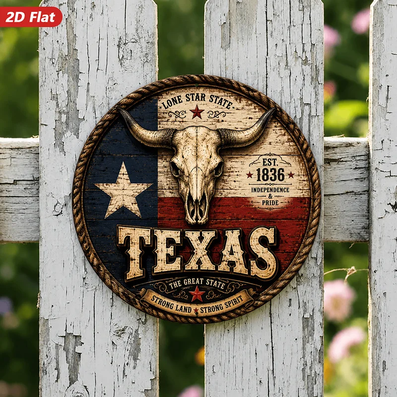 2D Flat, 1pc Round Metal Sign Wall Art, Texas The Early State Theme Wall Art, Longhorn Skull, Star Element, Western Style, Home