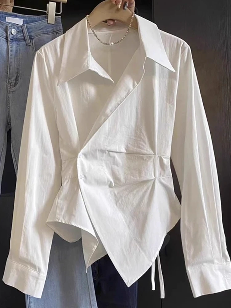 أبيض طويل Sve irt للنساء، تصميم غير متماثل لشد الخصر، النسخة الكورية، مقاس نحيف irt #3