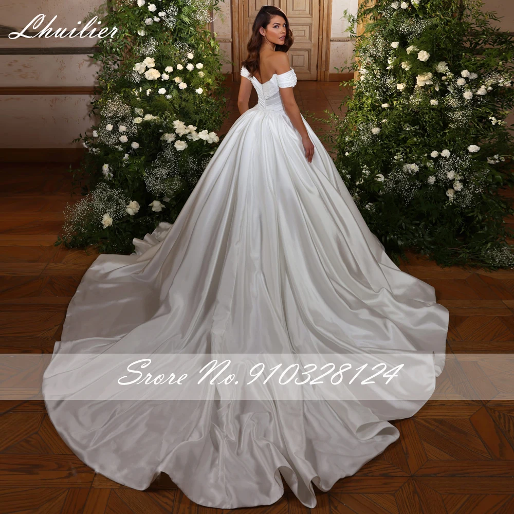 Lhuilier A Line Off the Shoulder Satin Wedding Dresses Floor Length Pearls Beaded Bridal Gowns with Chapel Train