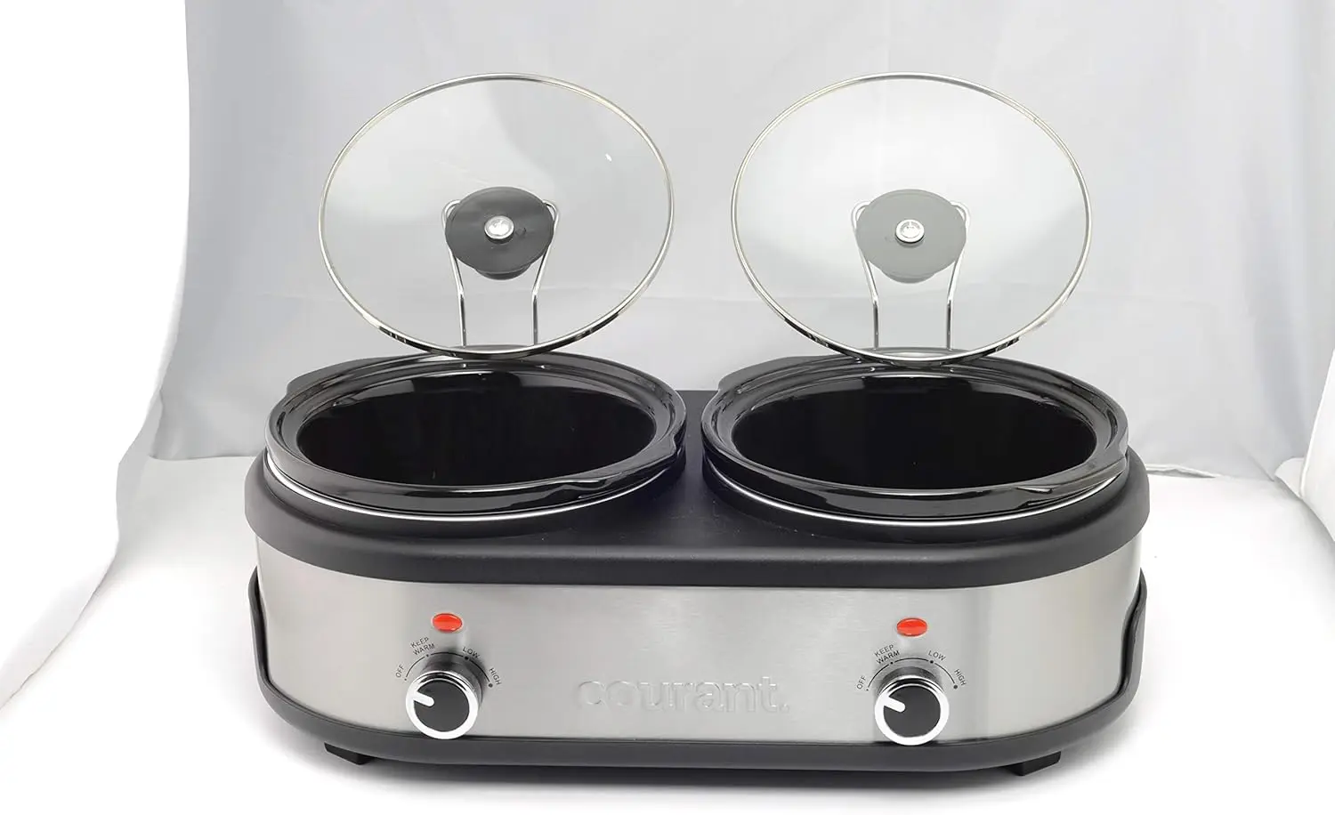 طباخ بطيء مزدوج سعة 2.5 لتر لكل منهما، أوعية إجمالية سعة 5.0 لتر، مع خيارات فردية سهلة للطهي، آمنة للاستخدام في غسالة الأطباق ومقاومة للصدأ