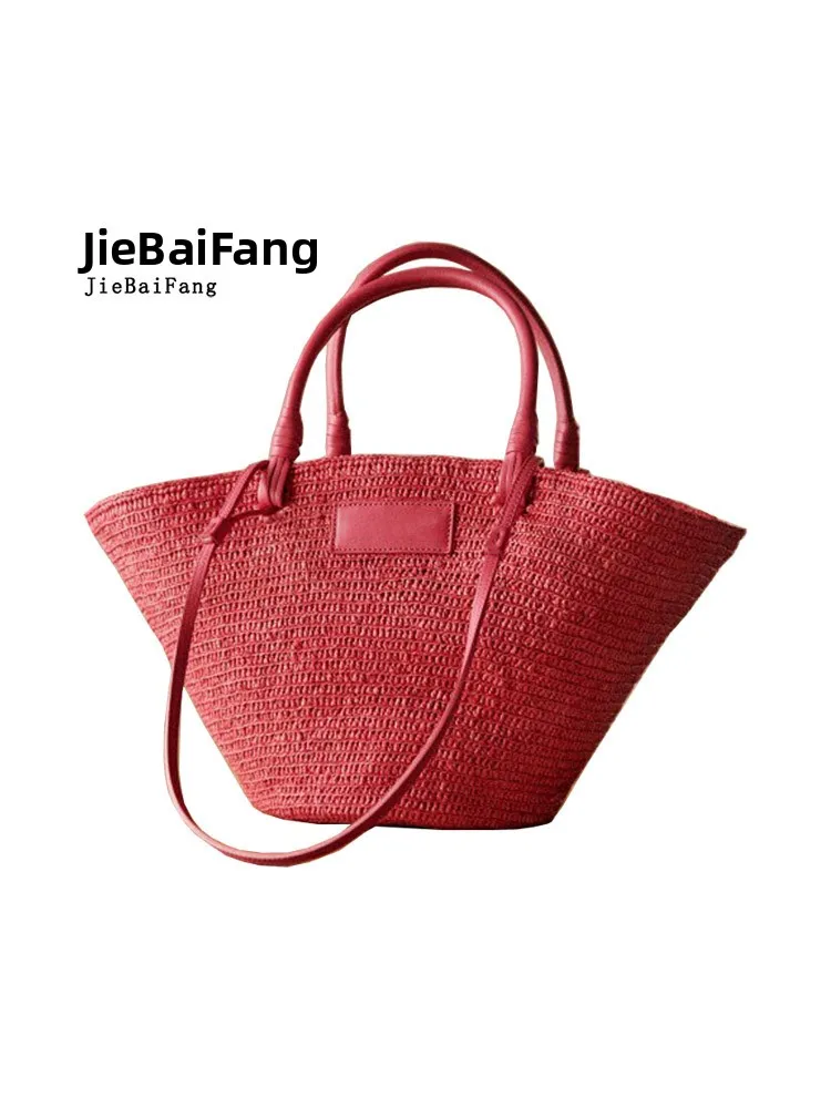 

Розовая тканая большая сумка, женская новинка 2025 Faion Holiday Sle Rfia St Basket Weave, универсальная мягкая сумка, повседневная однотонная сумка