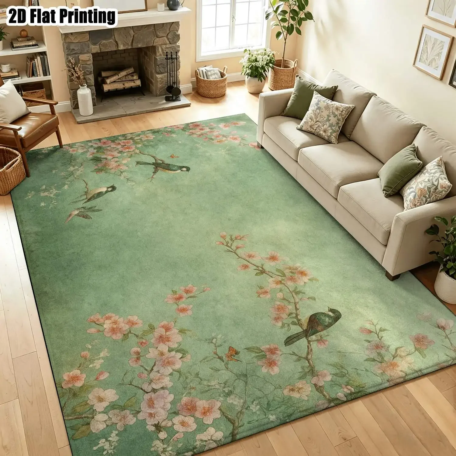 1Pc 2D Printed Carpet: Retro Green Base, Pink Floral Pattern, European Retro Geometric Bohemian Style, Machine Washable, Multipl