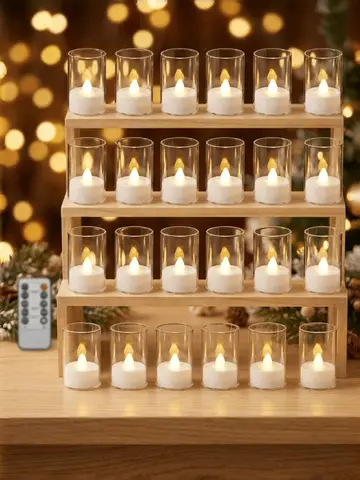 24-Pack Acrylic Transparent/Red/Gold Small Tea Light Holders, Remote Control LED Tea Lights, Warm White Light, Timer Flashing, Remote On/Off, Christmas Decor Tea Lights, Christmas Eve Atmosphere Lights