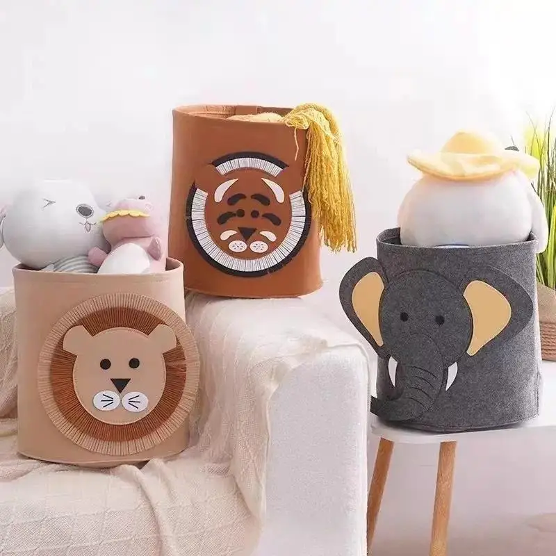 Cute Cartoon Animal Felt Storage Basket Large Capacity Foldable Laundry Hamper for Gym Sportswear Storage view 4