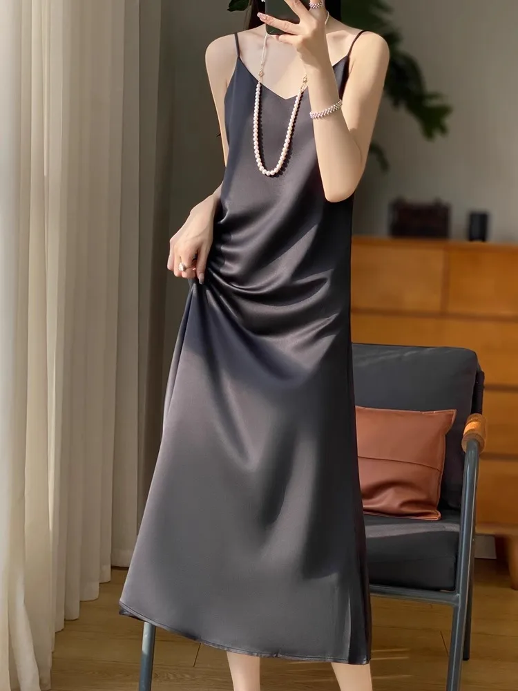 실크 브이넥 랩 드레스 아세테이트 새틴 롱 드레스 여름 신상 여성용 뽕나무 실크 슈트 이너웨어 스트랩리스 가운