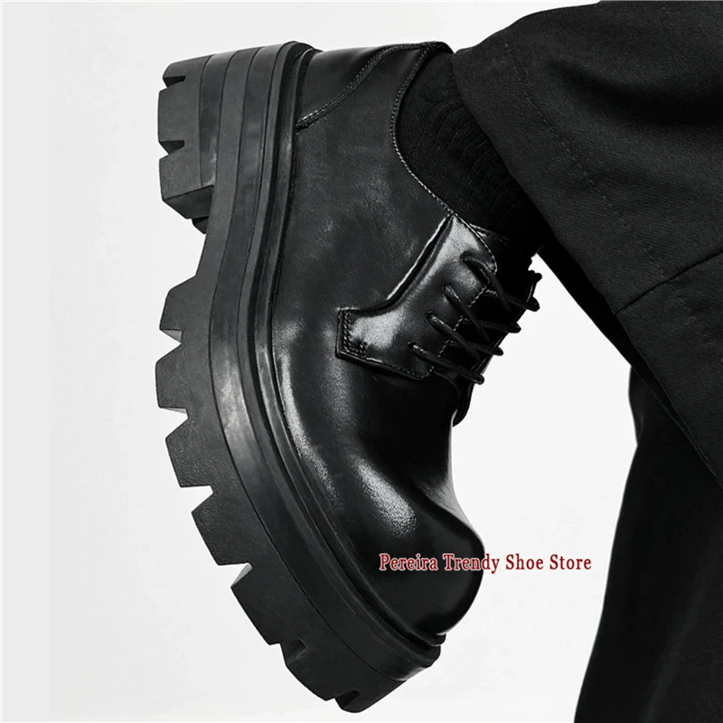 British Style Thick Soled Derby Shoes for Men Solid Leather Big Round Toe Lace-Up Causal Shoes Summer Trendy Couple Shoes