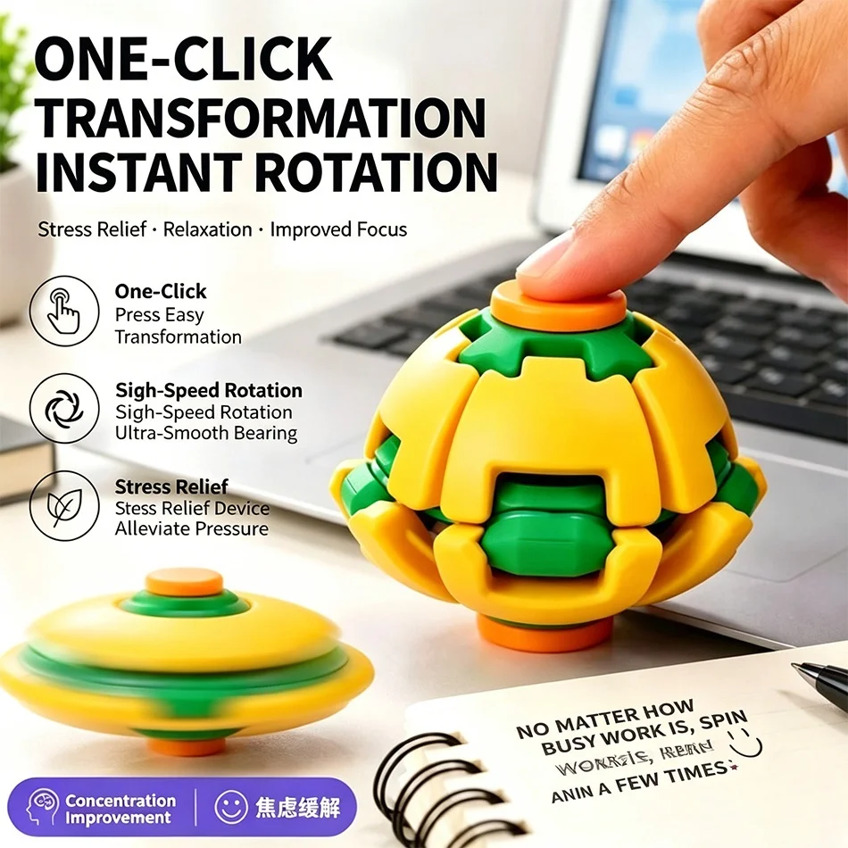 3D Printed Press-to-Spin Gear Fidget Ball,Movable Fidget Spinner,Anxiety Stress Relief Toy,Creative Desktop Ornament Model &Gift