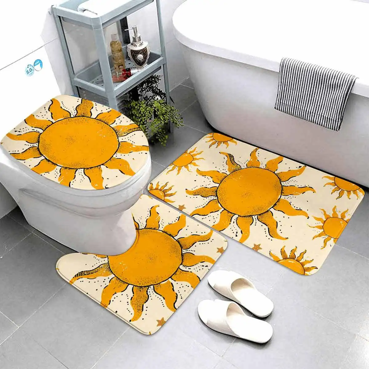 

3pcs Sun-Kissed Bathroom Mat Set - Flannel material, non-slip and machine washable, with a yellow sun pattern - Includes a bathr