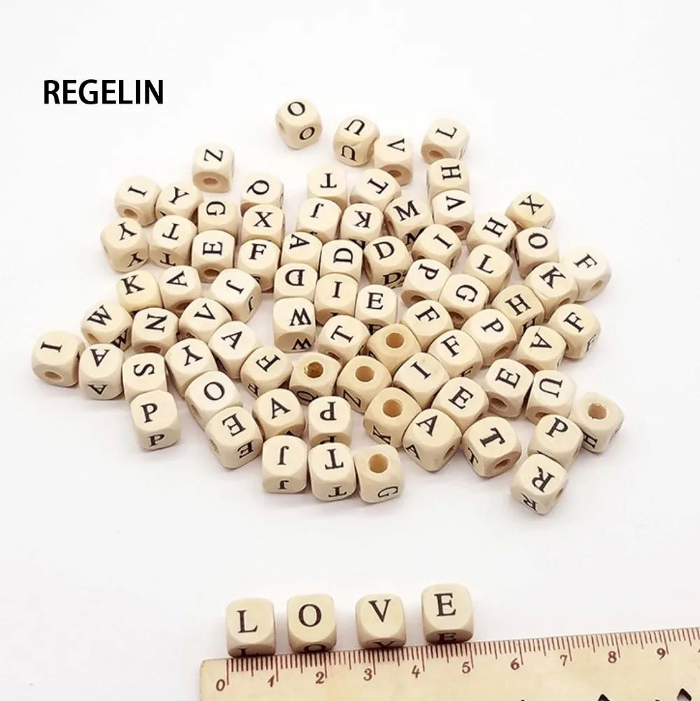 10mm 100pcs Square Natural Wooden Alphabet Beads A-Z 0-9 Letter beads for bracelets Spacer Baby Smooth Teether Jewelry Pacifier