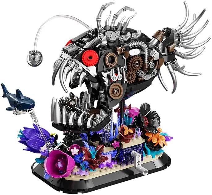 Mechanical Fishing Fish Building Set, 1010pcs Deep Sea Monster Block Models with Coral Base, Steampunk Ocean Animal Building Toys, Suitable for Office Decoration