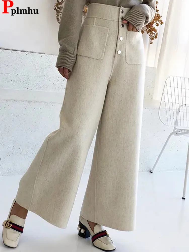 Eleganckie spodnie z szeroką nogawką z wysokim stanem i mieszanką wełny Koreańska moda Jesień Zima Ciepłe spodnie Fomal Basic Women Casual Baggy Spodnie