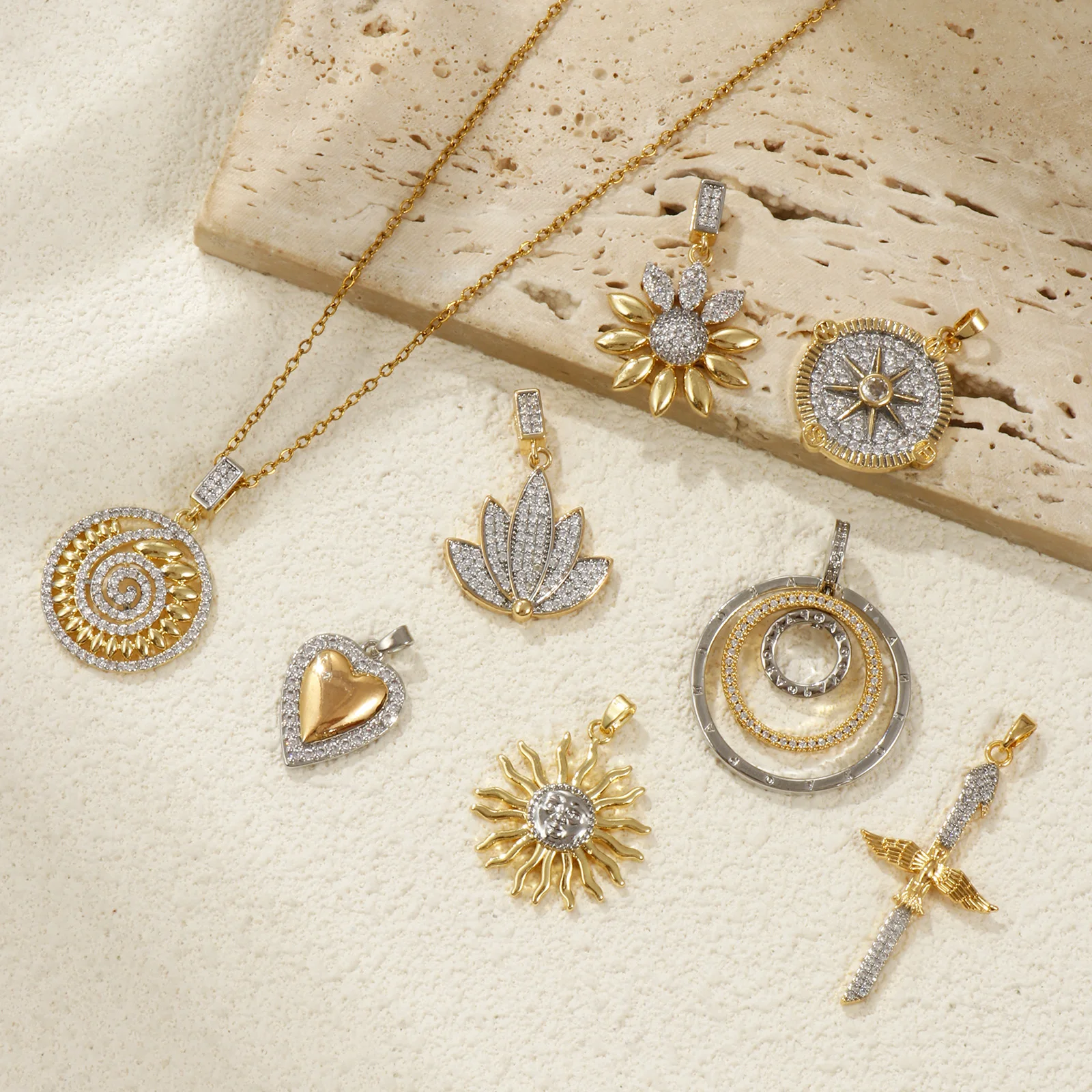 1pc Brass Charms Sunflower Pendants Two Tone Star Micro Pave Clear Cubic Zirconia Pendant Necklace DIY Jewelry Making Findings