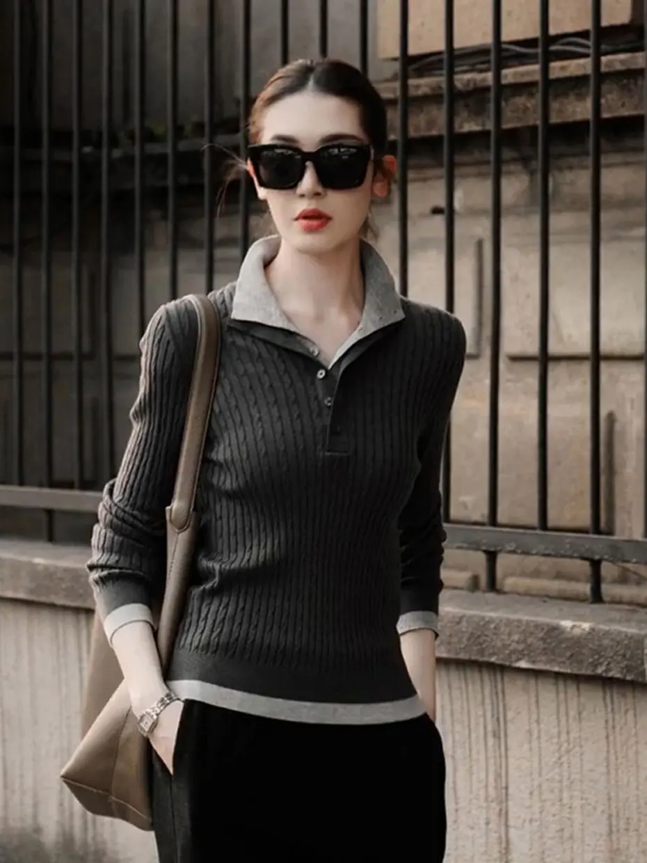 

Gray Knitted High Collar Women's Innerwear Twist Fake Two-Piece Sweater Autumn Winter Fashionable Vintage Style Citywalk
