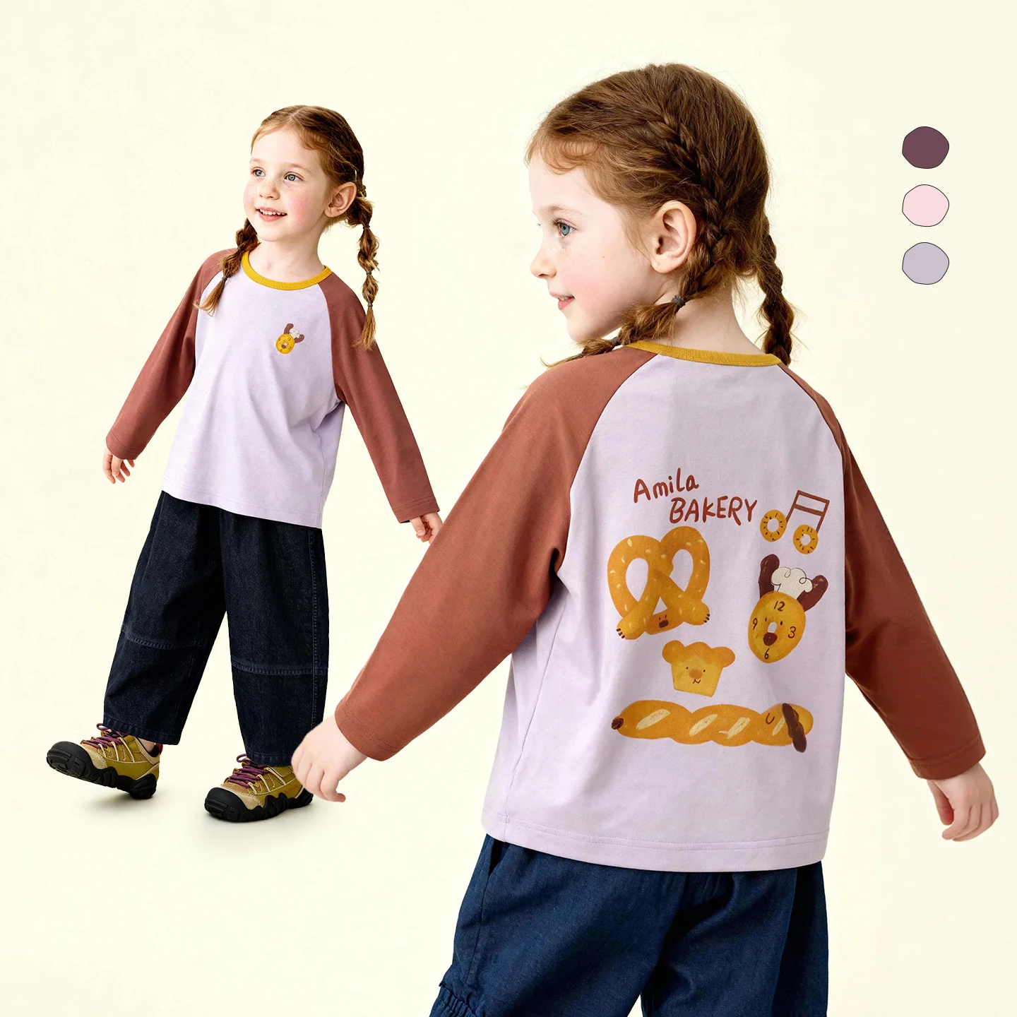 Amila 2026 Spring Children's Round Neck T-Shirt With Contrast Printed Skin Friendly Daily Casual Versatile Basic Long Sleeve