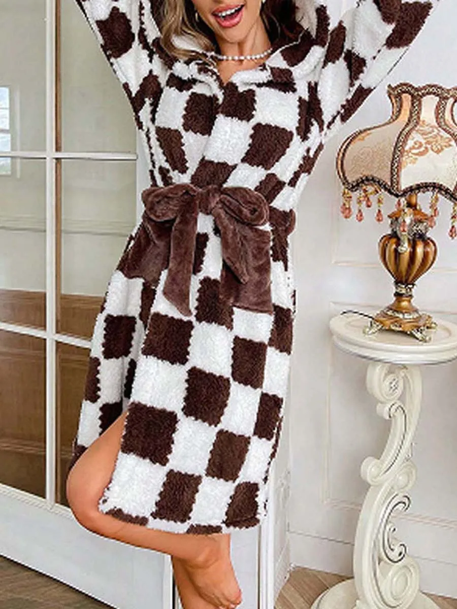 Autumn and Winter Women'S Wool Hooded Plush Robe Checkered Long Sleeved Lace Up Waist Plush Pajamas With Pockets For Home Wear