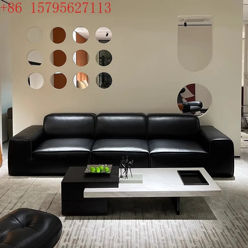 

Italian minimalist living room big black cow leather sofa first layer cowhide big black cow small apartment straight row sofa