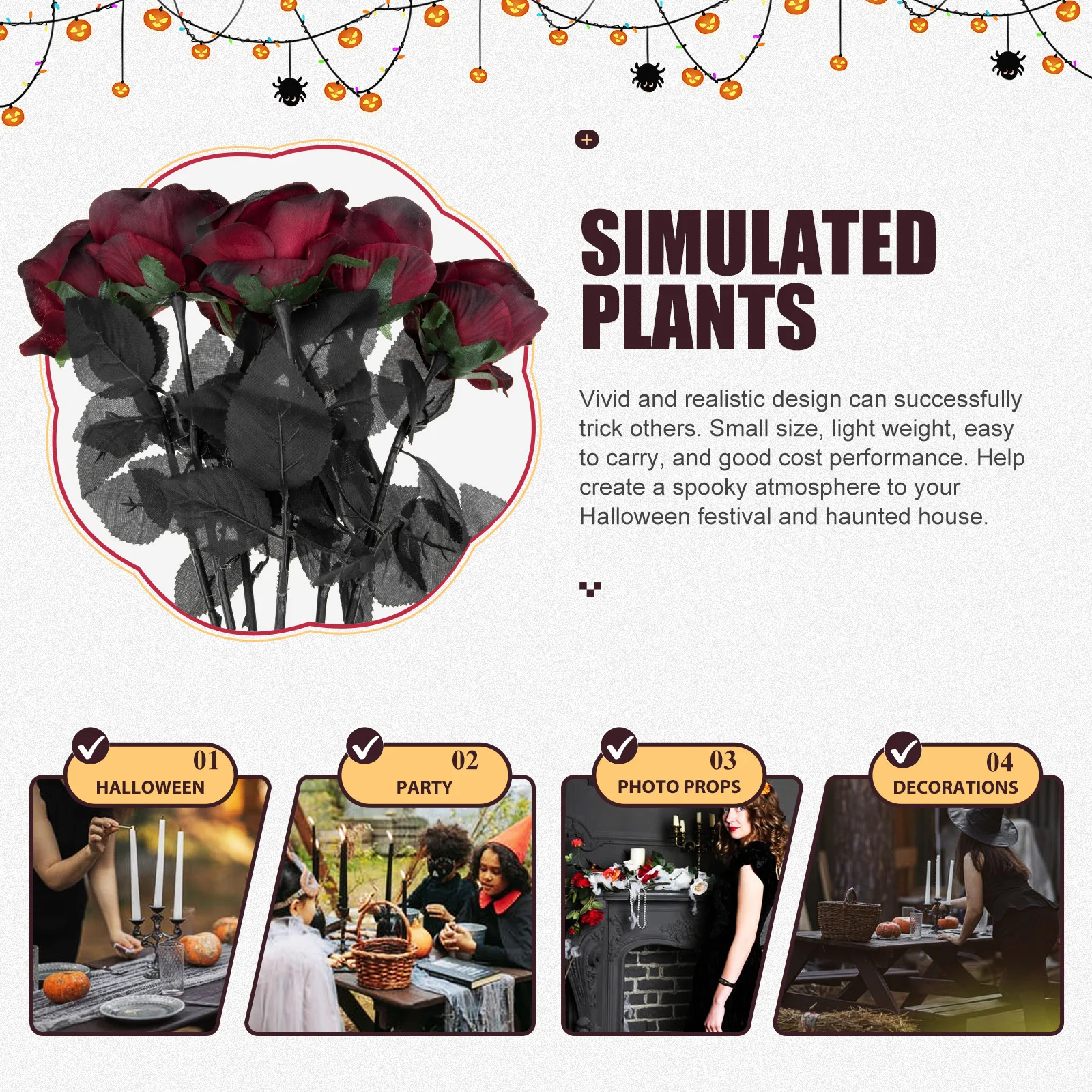 

12pcs Black Flowers Artificial Faux Silk Roses For Halloween Decor Party Wedding Home Decoration Simulated Flower Tricky Rose