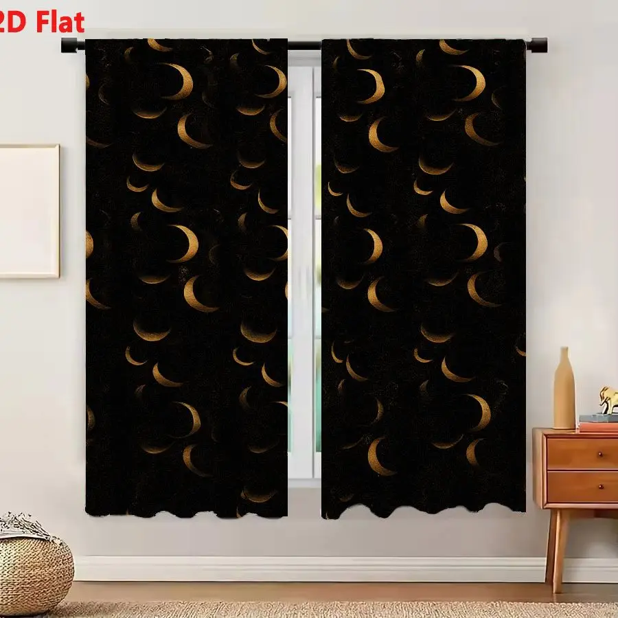 2Pcs Curtains Add 2D Flat Golden Crescent Moon Repeating Pattern On Dark Textured Black Background Embossed Celestial Night Sky