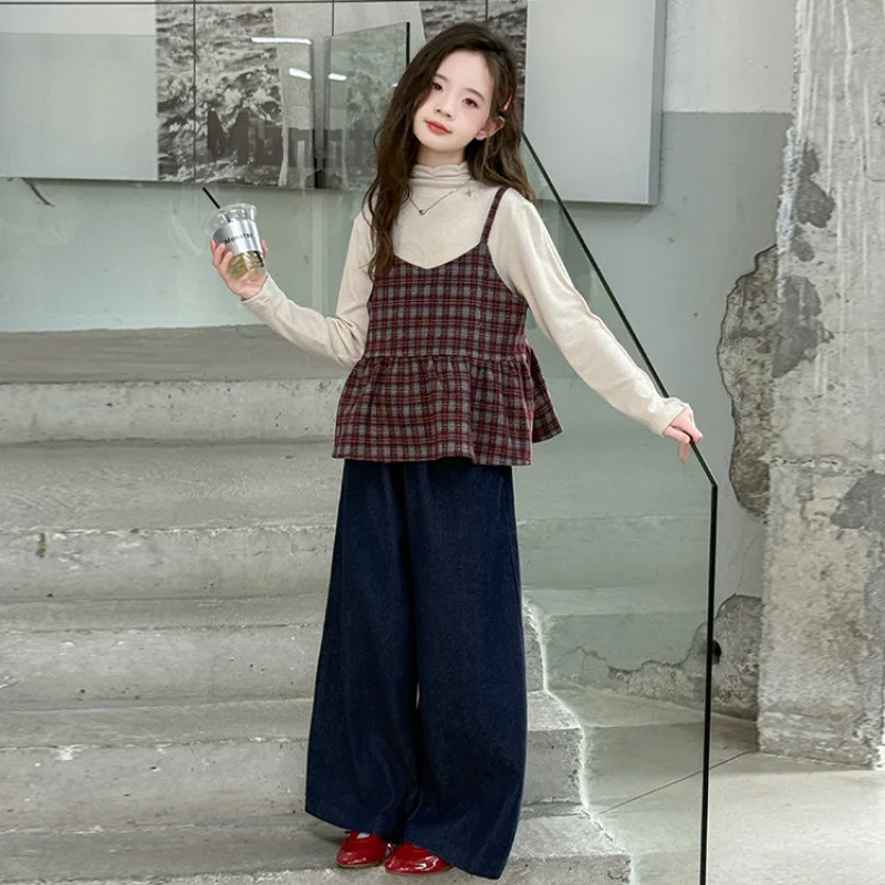 

Autumn Korean School Girl 3pcs Sets Solid Color Undershirt+Plaid Vest+Wide Leg Jean Teenager Girls Daily Outfit 4-14Y Girls Suit