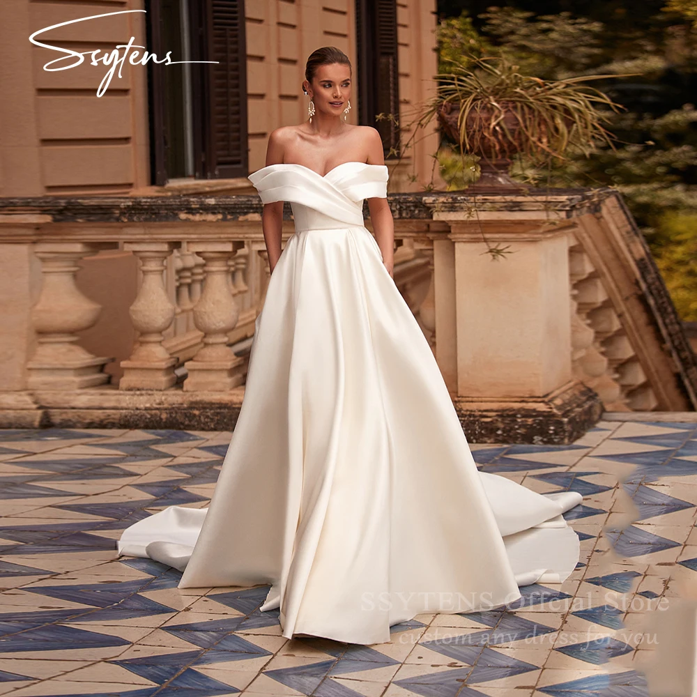 SSYTENS Stylish Ivory Satin Wedding Dresses For Woman Bride Dress Off the Shoulder Vestido De Casamento Personalized Customized
