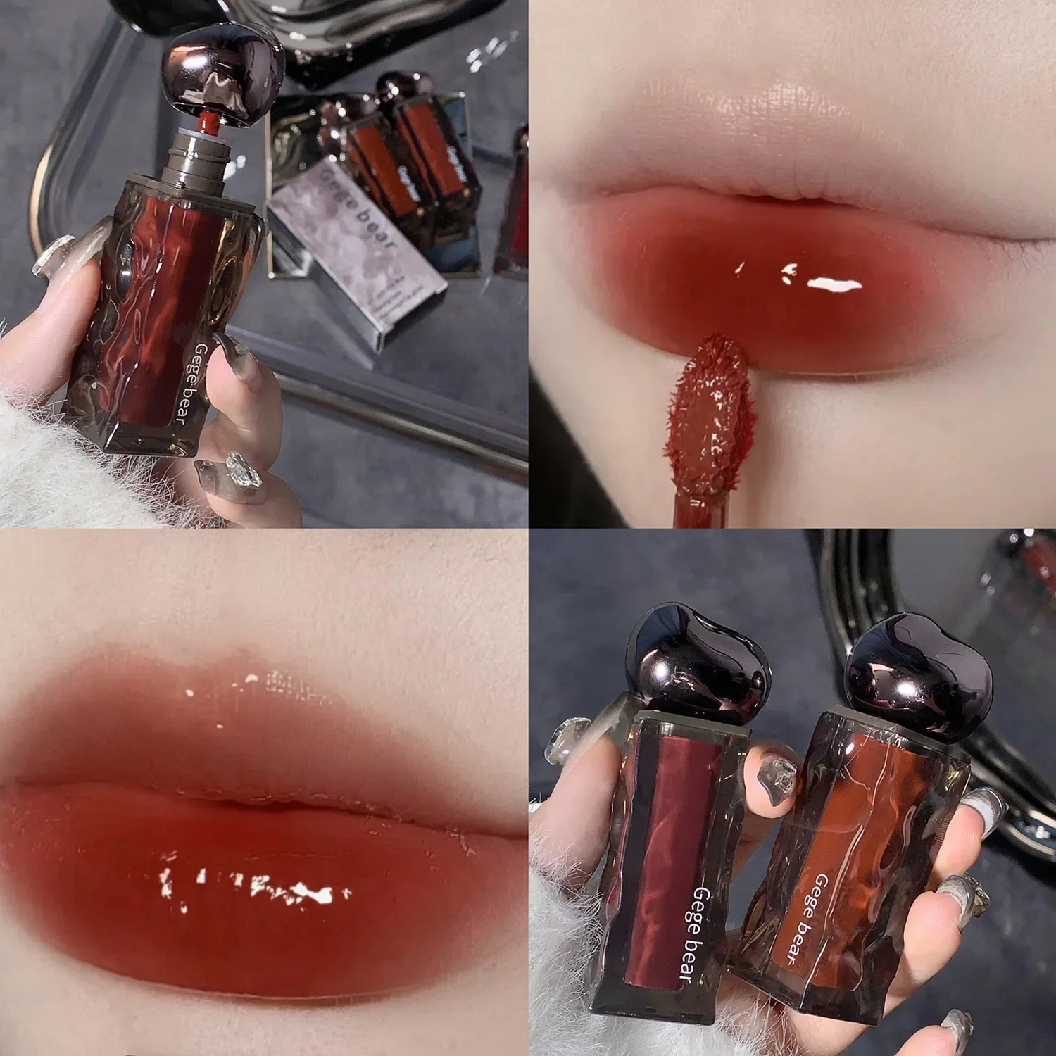 Gege Bear Mirror Jelly Lip Glaze Longlasting Moisturising Lip Tint Liquid 7Colors Lipstick Waterproof Lip Gloss Korean Cosmetics