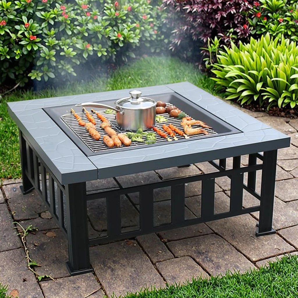 Large 3-in-1 Metal Patio Fire Pit Outdoor BBQ Grill Smokeless Tabletop Wood Burning Tea Cooker with Heat Powder Coating Finish