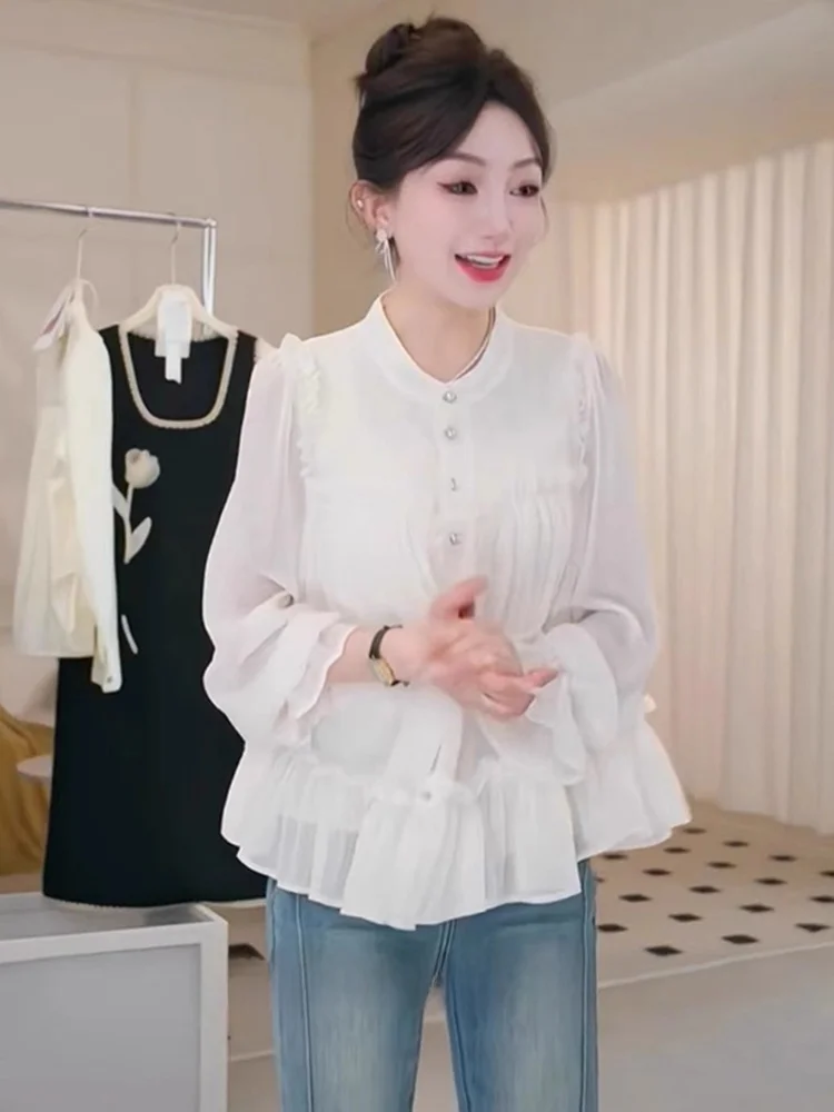 Ele suave sle longo sve chiffon irt solto ajuste versátil madeira ain doce emagrecimento outono topo feminino faion