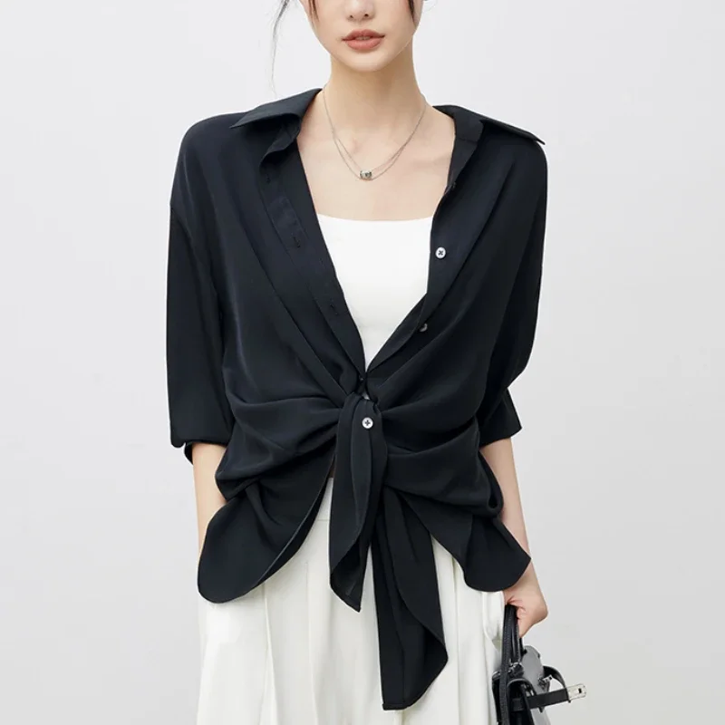 

Lace-up Shirts Women Summer Girls Hollow Out Korean Fashion Leisure Solid Simple Seethrough Thin Sunscreen Clothing All-match