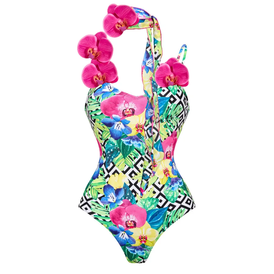 ZAFUAZ Women's Swimwear 2024 Orchid Shoulder Strap Decorative Printed One-piece Swimsuit Set Female Beachwear Sexy Bathing Suit