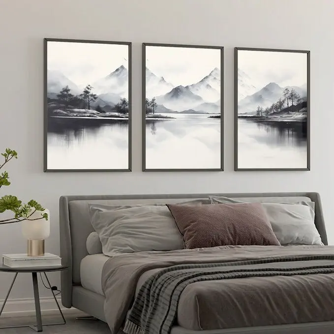 3PCS Frameless,Triptych Mountain Wall Art Japan Prints  Set of 3 Art Watercolour Prints Set of 3 Prints Mountain Black and White