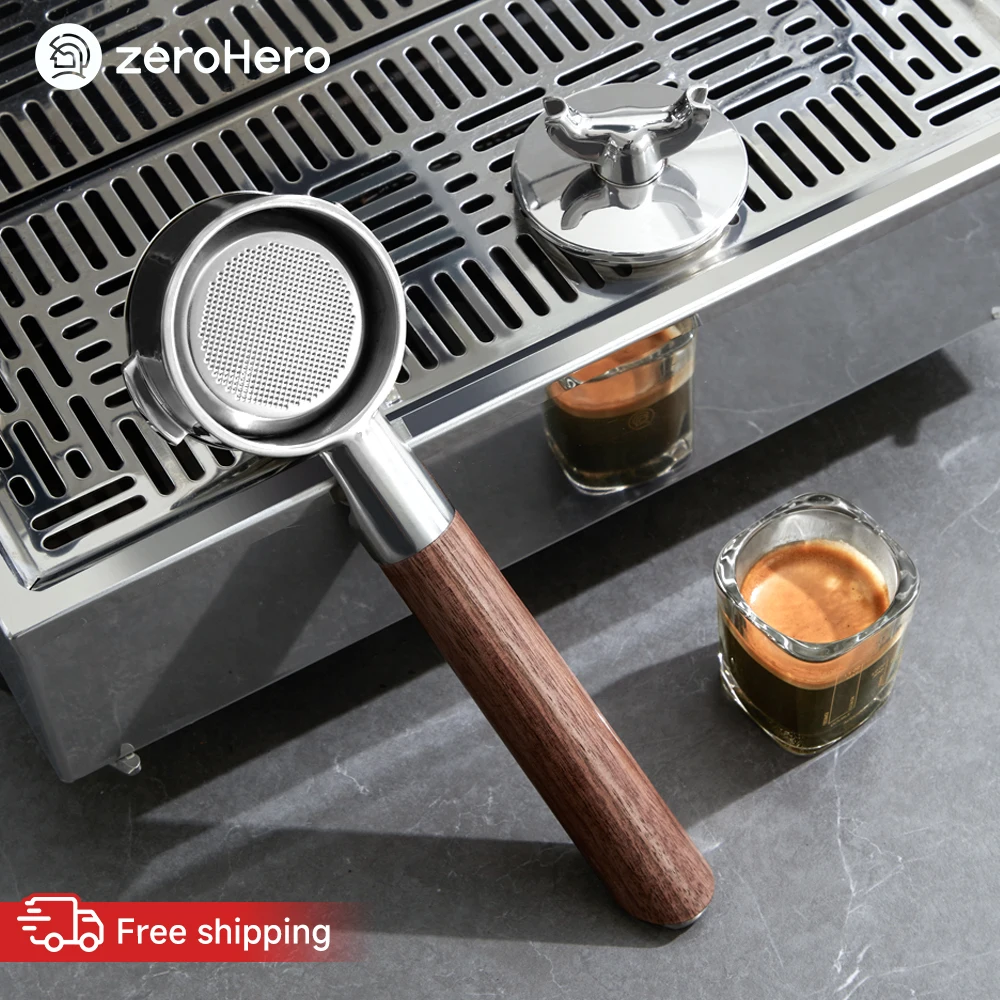zeroHero Espresso Portafilter 58mm Dual Extraction Fine Mesh 304 Steel Wood Handle for Commercial Barista Brewing Tools Pro Kits
