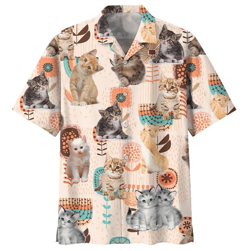 Cute Cat Pattern Hawaiian Shirt For Men 3D Printed Animal Short Sleeves Loose Lapel Shirts Summer Street Y2k Button Blouses