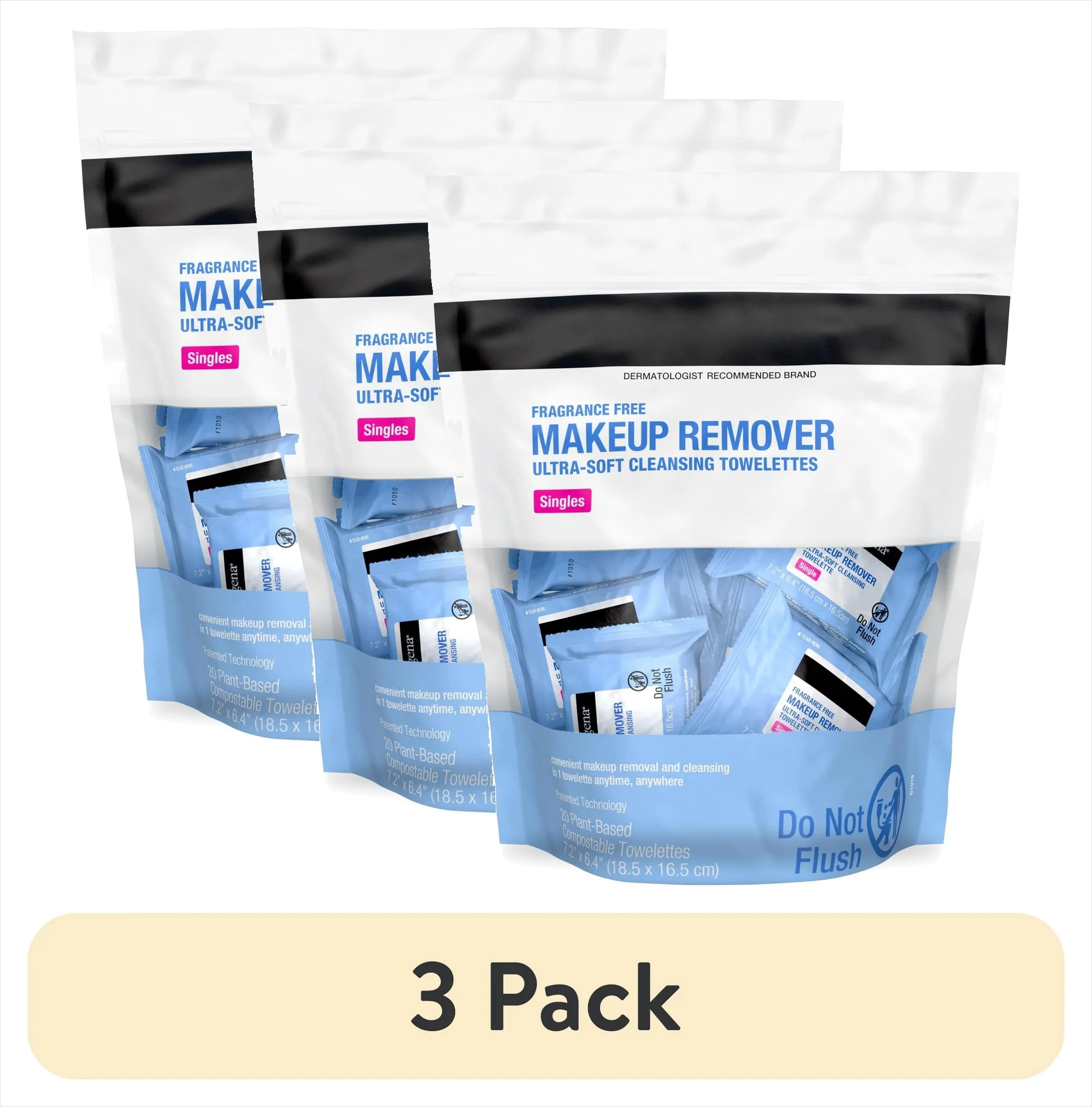 

(3 pack) Fragrance-Free Makeup Remover Face Wipe Singles, 20 Ct