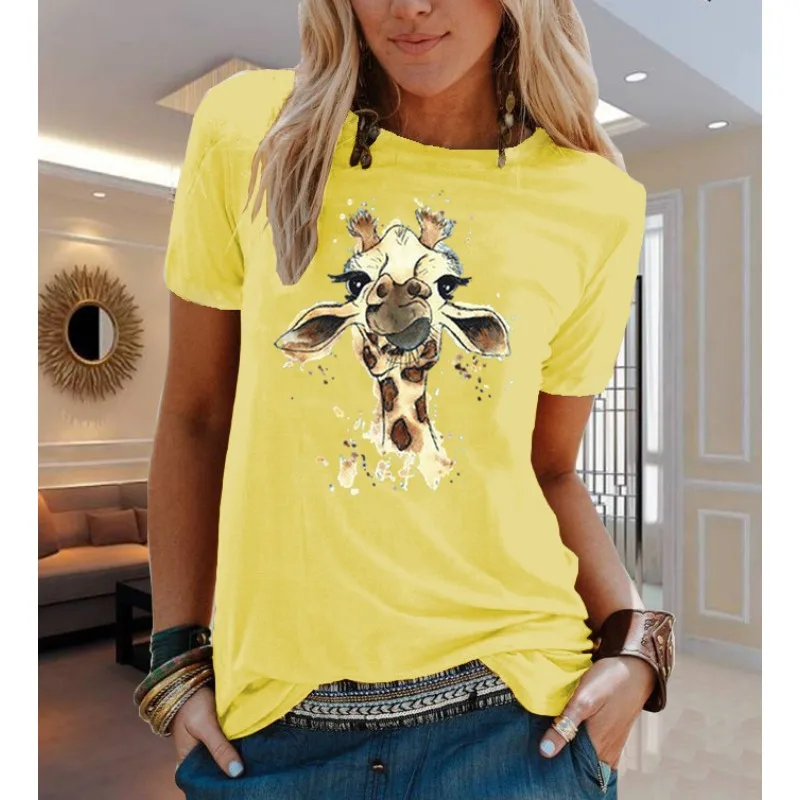 COTTON 100% Animal Flower Print Short Sleeve T-shirt Woman Aesthetic Clothes Women Clothing Graphic T Shirts Oversized Tops