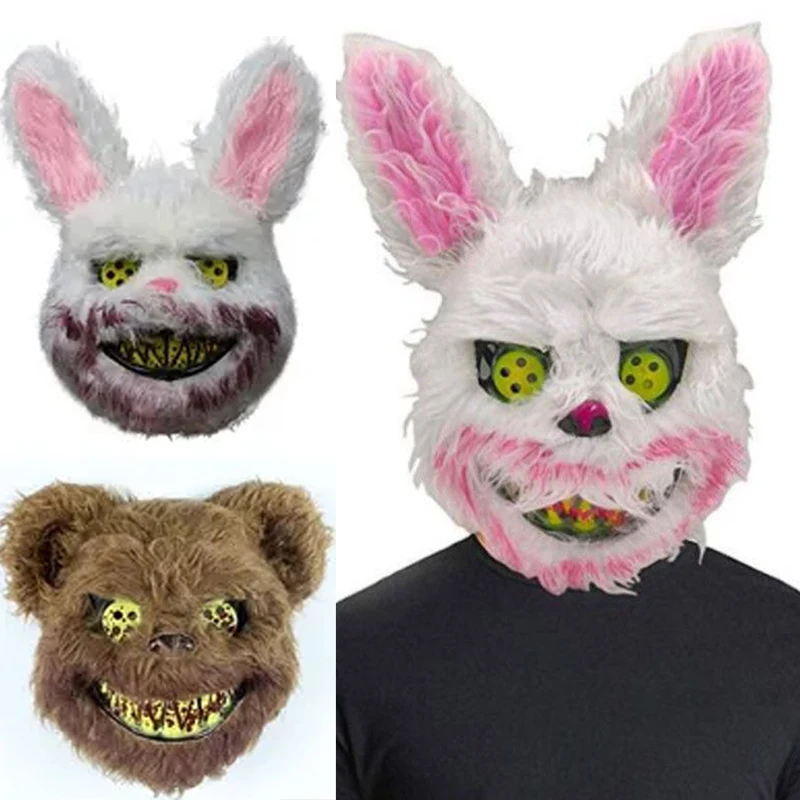 Halloween Horrible Mask Bear Rabbit Bunny Mask Bloody Plush Head Mask Cosplay Costume Props Halloween Party Props Brown Black