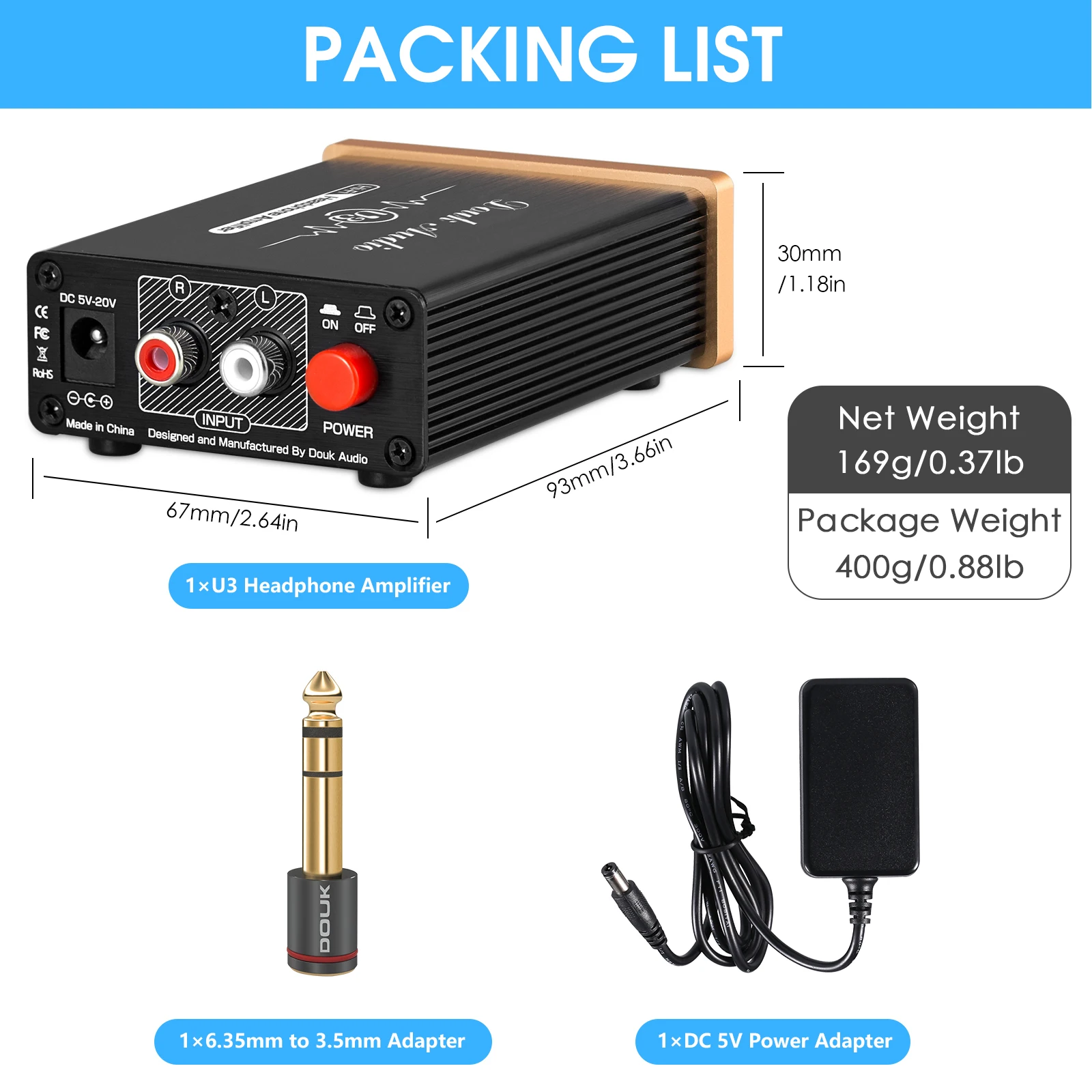 Douk Audio U3 Mini amplificador de auriculares Clase A pura HiFi amplificador estéreo de escritorio doméstico ultracompacto para auriculares HD580/HD600/HD650