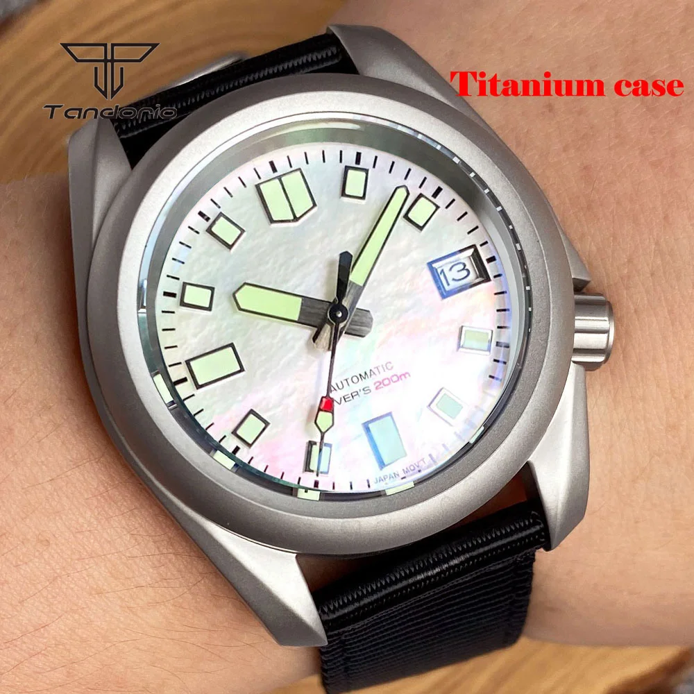 Tandorio Titanium Automatic Mechanical NH35 Men\'s Watch Date Sapphire 3.8 Crown Light Weight Dive Wristwatch Luminous 20BAR MOP