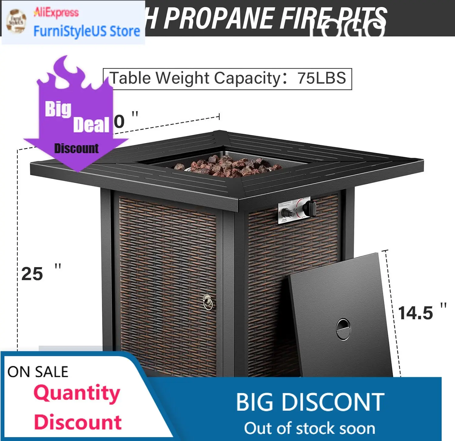 

5 Piece Outdoor Patio Furniture Set with 50000 BTU Propane Fire Pit Table, Deep Seating Wicker Swivel Rocker Chairs and Loveseat