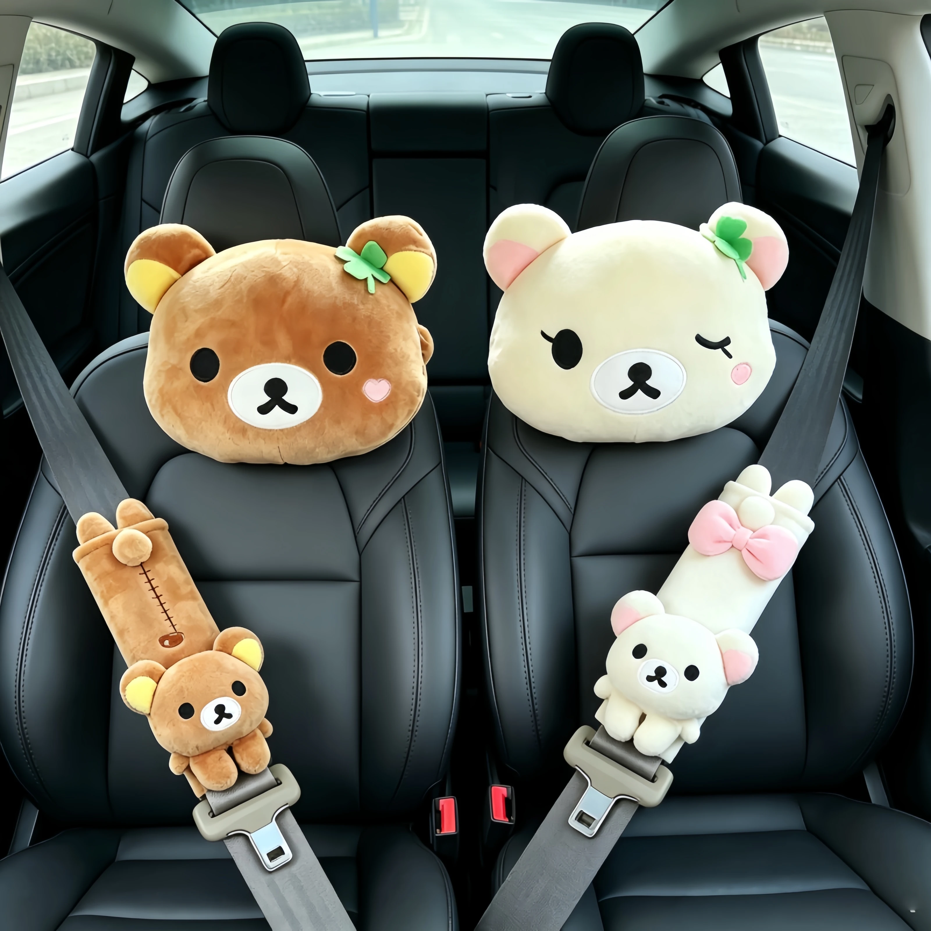 New Soft Bear Rilakkuma Car Headrest Neck Pillow & Seat Belt Cover, All-Season Car Interior Decoration Daily Necessities