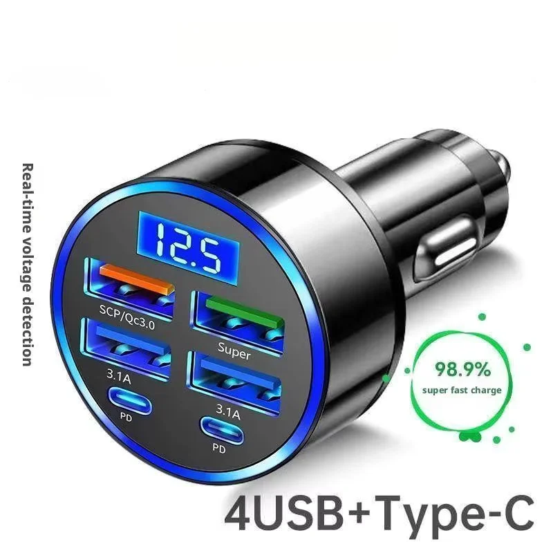 6 in 1 USB Car Phone Charger Adapter with Voltage Display Dual PD Port Super Fast Charge for iPhone Samsung Huawei OPPO