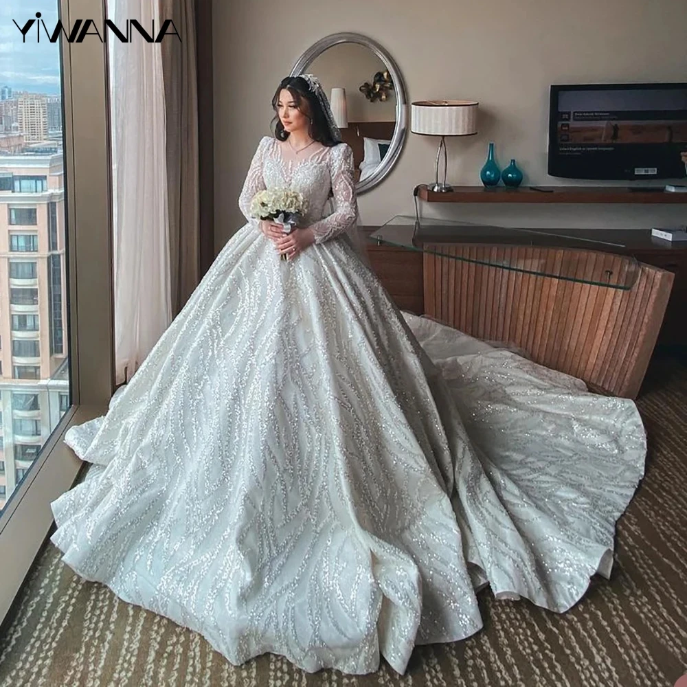 

Modest O-neck Long Sleeve Bridal Dress Sparkly Sequins Pearls Wedding Gown Luxury Muslim Ball Gown Bride Robe Vestido De Novia