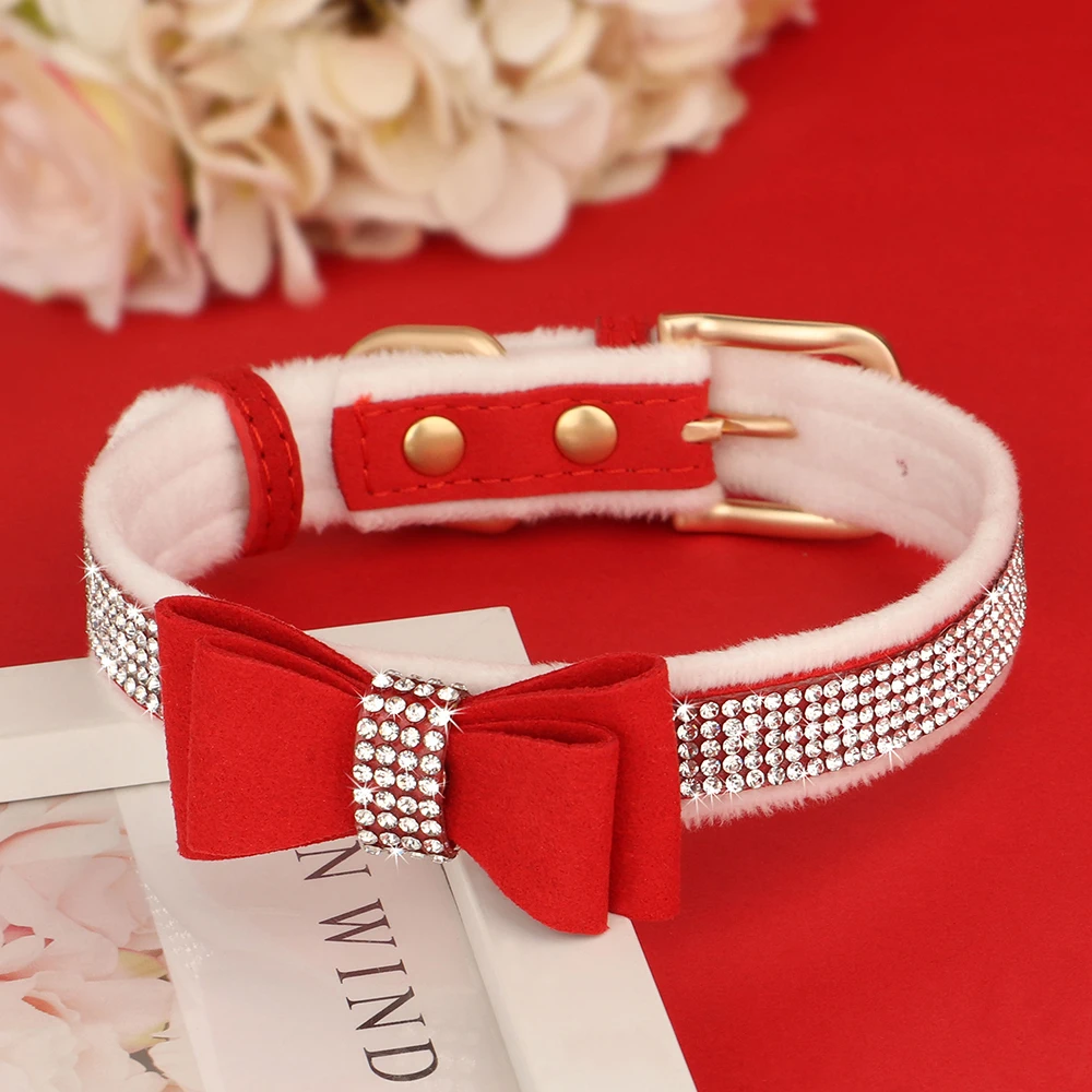 Niedlichen Bowknot Hunde halsband bling Strass kleine Hunde Katzen halsbänder weichen Samt Haustier Welpen Halskette warmen Glitzer für Hunde