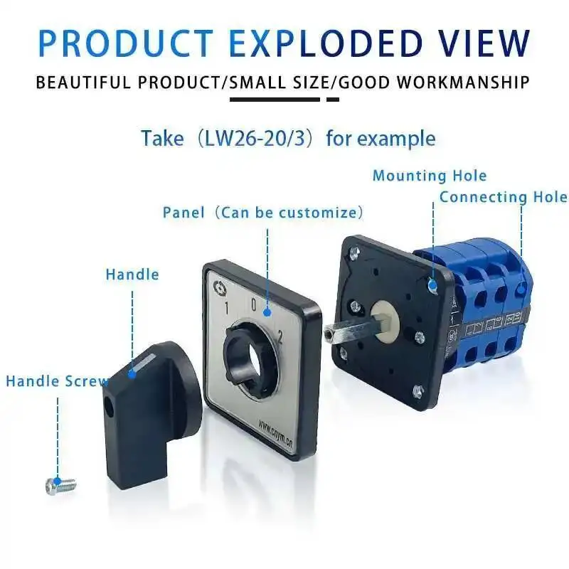 Interruptor de comutação de prata, 3 posições, seletor rotativo, LW26-25 Series, LMW26, 25A, 690V, LW28-25