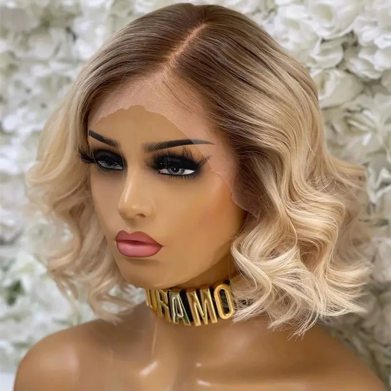 Party Daily Cosplay Ombre Creamy Blonde Highlights Synthetic HD Lace Front Wig 10 Inches Soft Short Wave Bob Preplucked Hairline